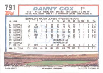 1992 Topps #791 Danny Cox Back