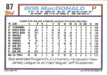 1992 Topps #87 Bob MacDonald Back