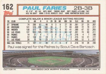1992 Topps #162 Paul Faries Back