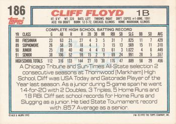 1992 Topps #186 Cliff Floyd Back