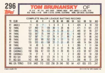1992 Topps #296 Tom Brunansky Back