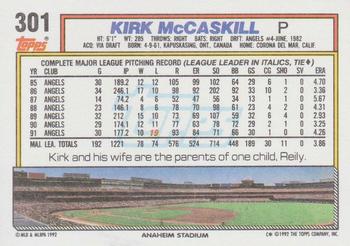 1992 Topps #301 Kirk McCaskill Back
