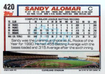 1992 Topps #420 Sandy Alomar Back