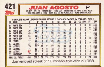 1992 Topps #421 Juan Agosto Back
