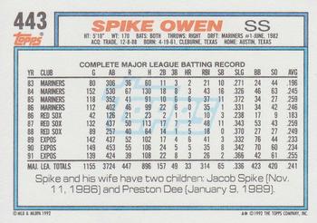 1992 Topps #443 Spike Owen Back