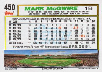 1992 Topps #450 Mark McGwire Back