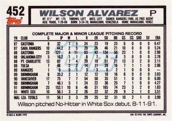1992 Topps #452 Wilson Alvarez Back