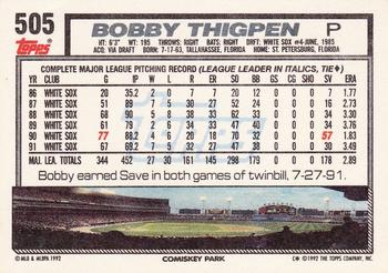 1992 Topps #505 Bobby Thigpen Back