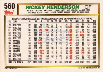 1992 Topps #560 Rickey Henderson Back
