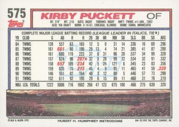 1992 Topps #575 Kirby Puckett Back