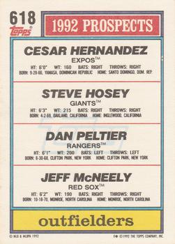 1992 Topps #618 1992 Top Prospects Outfielders (Cesar Hernandez / Steve Hosey / Dan Peltier / Jeff McNeely) Back