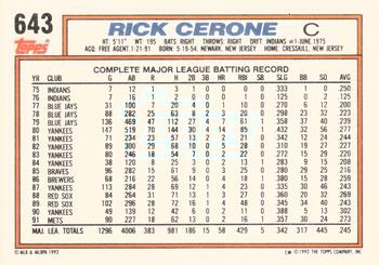 1992 Topps #643 Rick Cerone Back