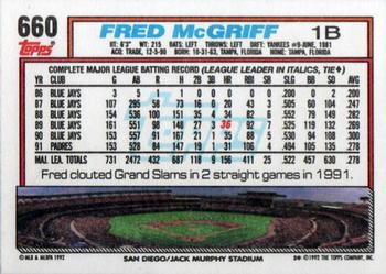 1992 Topps #660 Fred McGriff Back