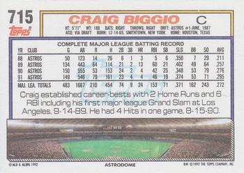 1992 Topps #715 Craig Biggio Back