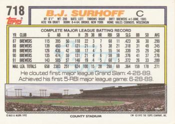 1992 Topps #718 B.J. Surhoff Back