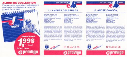1986 Provigo Montreal Expos - Panels #9 / 10 / NNO Andre Dawson / Andres Galarraga  / Hygrade Baton Deli Coupon Back