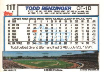 1992 Topps Traded #11T Todd Benzinger Back