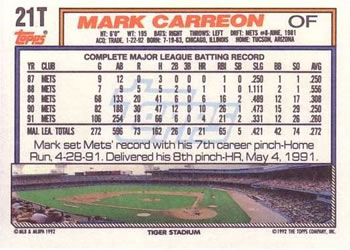 1992 Topps Traded #21T Mark Carreon Back