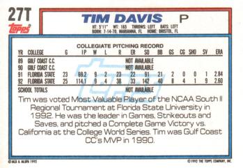 1992 Topps Traded #27T Tim Davis Back