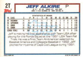 1992 Topps Traded #2T Jeff Alkire Back