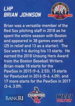 2019 BankRI/WEEI Pawtucket Red Sox World Series Champions Boston Red Sox #NNO Brian Johnson Back
