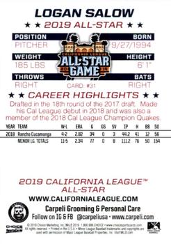 2019 Choice California League All-Star Game #31 Logan Salow Back