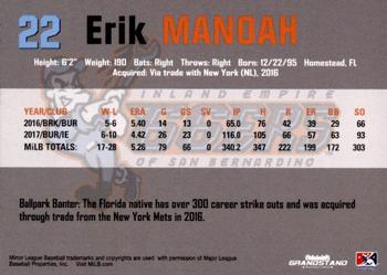 2018 Grandstand Inland Empire 66ers #NNO Erik Manoah Back