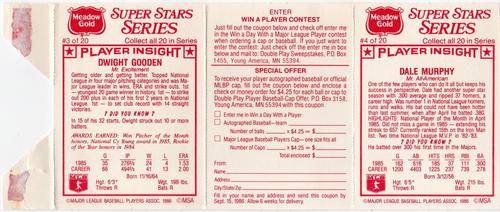 1986 Meadow Gold Stat Back - Uncut Panels #3-4 Dwight Gooden / Dale Murphy Back