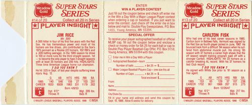 1986 Meadow Gold Stat Back - Uncut Panels #13-14 Carlton Fisk / Jim Rice Back