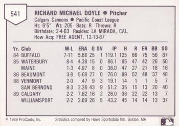 1989 ProCards Triple A #541 Rich Doyle Back