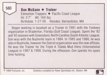1989 ProCards Triple A #560 Don McGann Back