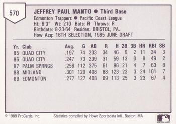 1989 ProCards Triple A #570 Jeff Manto Back