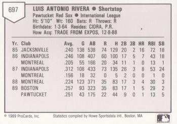 1989 ProCards Triple A #697 Luis Rivera Back