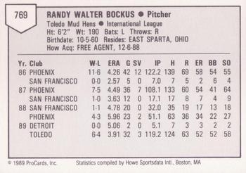 1989 ProCards Triple A #769 Randy Bockus Back