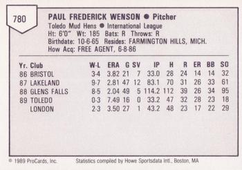 1989 ProCards Triple A #780 Paul Wenson Back
