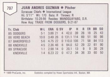 1989 ProCards Triple A #797 Juan Guzman Back
