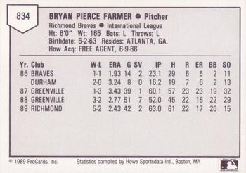 1989 ProCards Triple A #834 Bryan Farmer Back
