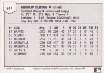 1989 ProCards Triple A #847 Drew Denson Back