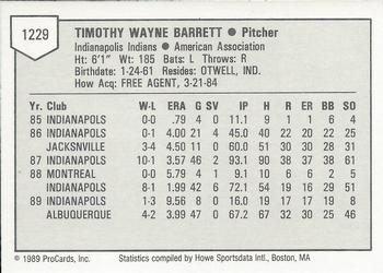 1989 ProCards Triple A #1229 Tim Barrett Back