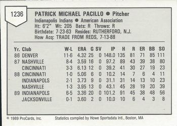 1989 ProCards Triple A #1236 Pat Pacillo Back
