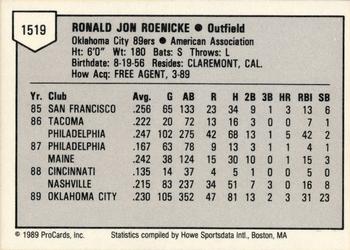 1989 ProCards Triple A #1519 Ron Roenicke Back