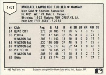 1989 ProCards Triple A #1701 Mike Tullier Back