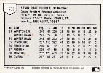 1989 ProCards Triple A #1733 Kevin Burrell Back