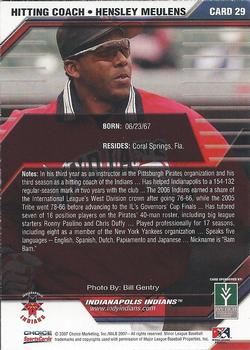 2007 Choice Indianapolis Indians - SGA - Ad Back #29 Hensley Meulens Back