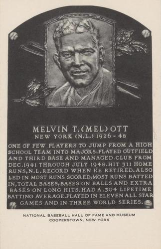 1956-63 Artvue Hall of Fame Plaque Postcards (Type 2) #NNO Mel Ott Front
