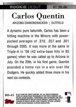 2006 Topps Updates & Highlights - Rookie Debut #RD-45 Carlos Quentin Back