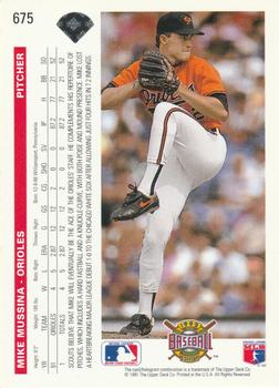 1992 Upper Deck #675 Mike Mussina Back