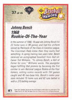 1992 Upper Deck - Baseball Heroes: Johnny Bench and Joe Morgan #37 Johnny Bench Back