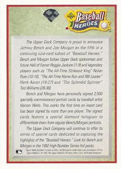 1992 Upper Deck - Baseball Heroes: Johnny Bench and Joe Morgan #NNO Header Card Back