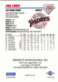 1992 SkyBox Team Sets AAA #230 Paul Faries Back